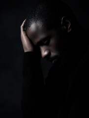 Fototapeta premium Depressed black man portrait, emotional concept, dark tone