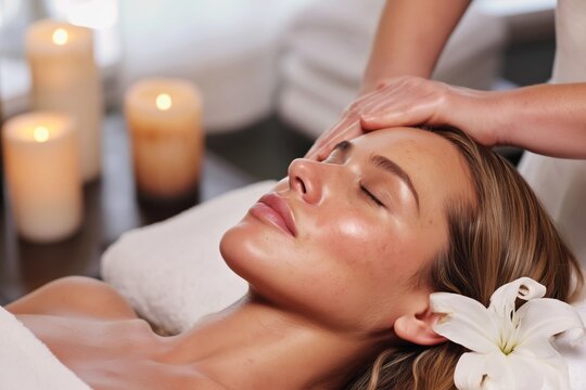 Woman Receives a Facial Massage in a Wellness Center During Evening Hours