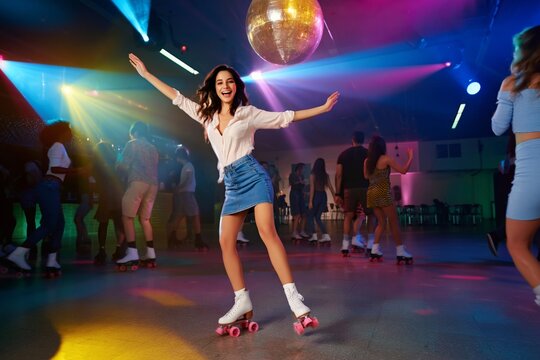 People Skate and Dance at a Roller Rink During a Vibrant Night Event With Colorful Lights and Music