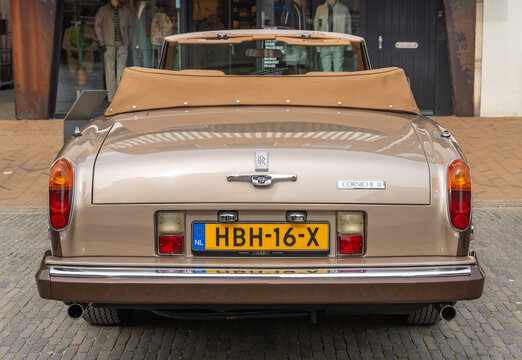 Katwijk aan Zee, The Netherlands, 11.04.2026, Rolls-Royce Corniche II 1986 rear view, classic british luxury car at the old timer car show