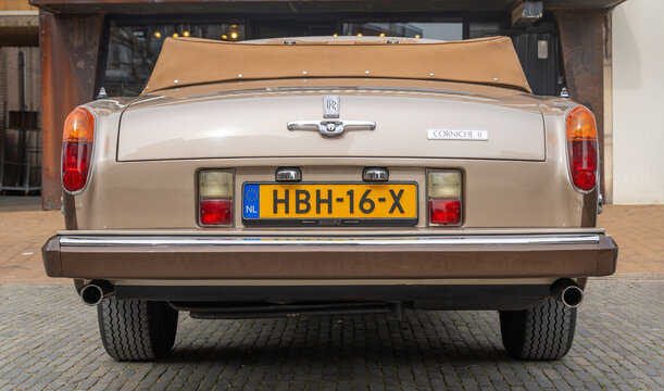 Katwijk aan Zee, The Netherlands, 11.04.2026, Rolls-Royce Corniche II 1986 rear view, classic british luxury car at the old timer car show