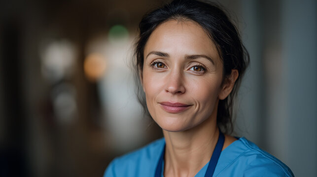 Portrait of a Confident Female Healthcare Professional in Blue Scrubs