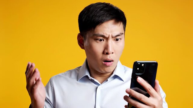 shocked young asian man looking at smartphone screen with disbelief. unexpected news, error or surprise concept. male person reading text message on yellow background. human emotion, reaction.