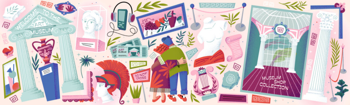 Museum art and exhibition. Vector illustrations of a classical statue, antique column, tickets, visitors, player with headphones, hypostasis bust, harp, Greek ornament, historical vase, gallery