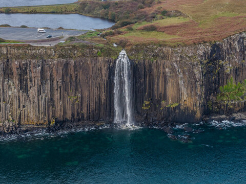 Beautiful arial view of Kilt Rock and Mealt Falls,  Isle of Skye Scotland &ndash; Dramatic Coastal Cliffs and Waterfall Landscape
