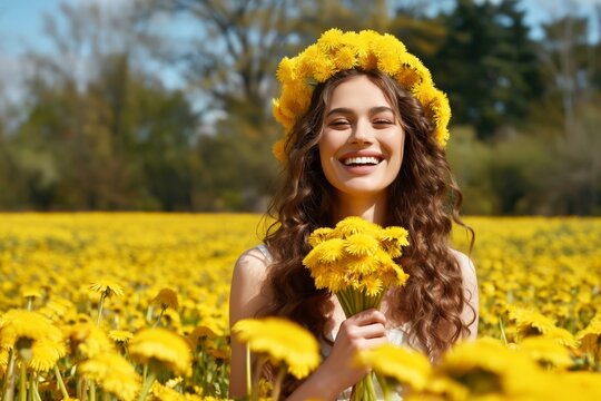 Woman Smiles While Holding Flowers in a Field of Dandelions on a Sunny Day