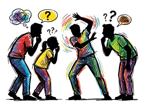 Family playing charades with colorful abstract lines and question marks