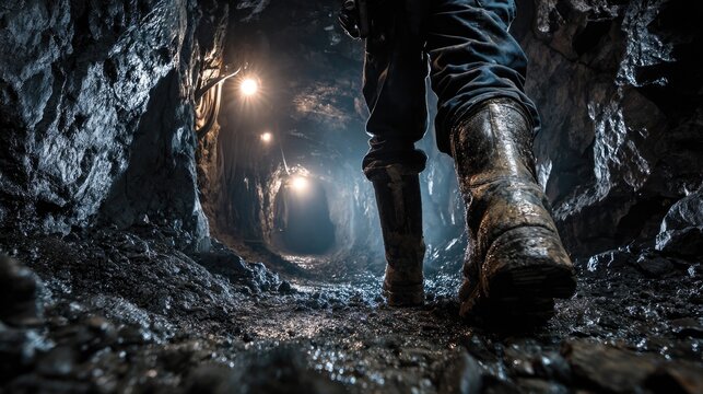 Miner walking through wet tunnel in an underground mine shaft
