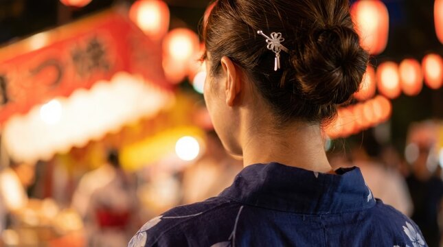 夏祭りの屋台の灯りを背景にした40代の浴衣の女性の後ろ姿