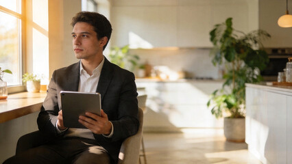 Fototapeta premium A confident young professional in a business suit holding a tablet, sitting in a bright kitchen home office space with window sunlight. Work-from-home success.