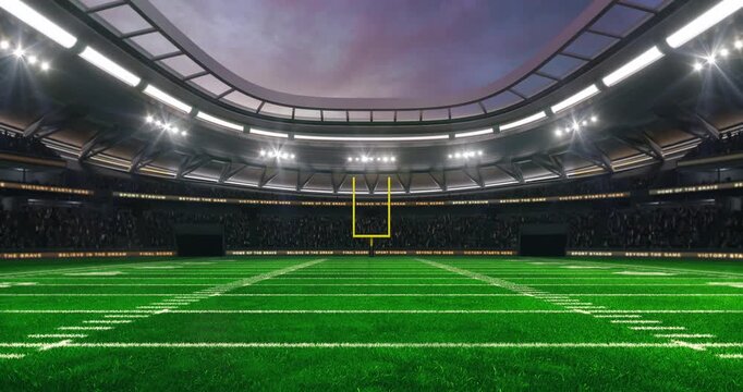 American football field at a sports stadium with shining spotlights and fans ready for the upcoming grand sporting event. Loopable professional sports advertisement video background.