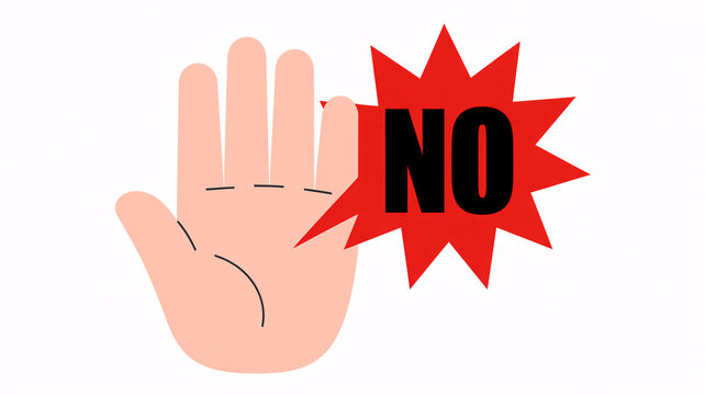 A graphic illustration of a hand with a red starburst saying no
