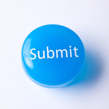 Blue rounded button with word SUBMIT isolated on white background. Online forms and website actions, UI UX design element.