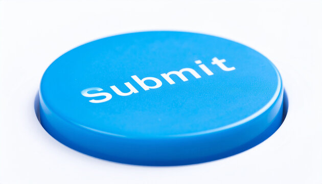 Blue rounded button with word SUBMIT isolated on white background. Online forms and website actions, UI UX design element.