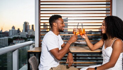 Obraz premium Young Black couple toasting with cocktails on a balcony at sunset. Romantic date night with city skyline view. Man and woman celebrating with orange drinks on a rooftop terrace