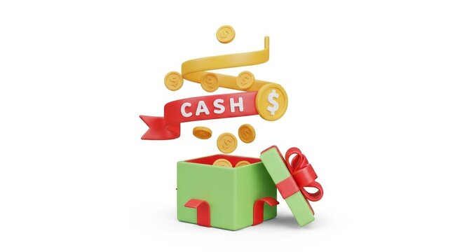 Open green gift box with golden coins floating and red cash ribbon banner. Concept of financial reward, bonus, winning prize or cashback return. 3D render illustration for holiday sale.