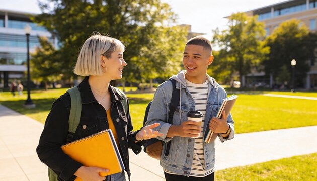 Two college students walking and talking on a sunny university campus. Young man and woman with backpacks and notebooks having a conversation outdoors. Student life and education concept