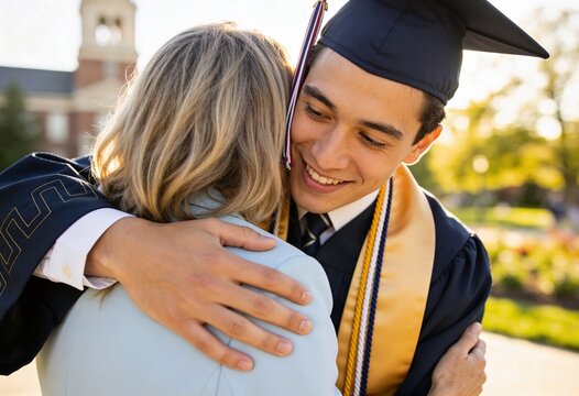 Young male graduate hugging his mother on university campus. Smiling student in cap and gown celebrating graduation success. Family support and academic achievement concept
