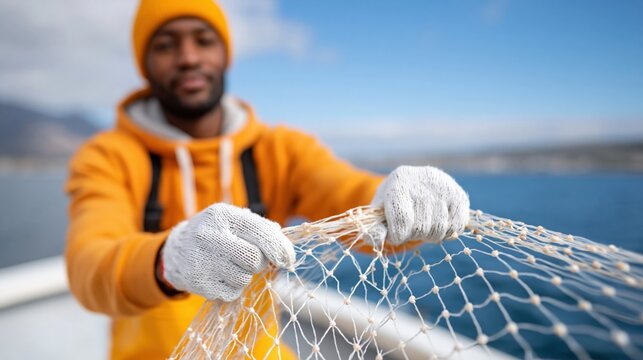 Young man handling fishing net on boat at sea with coastal background