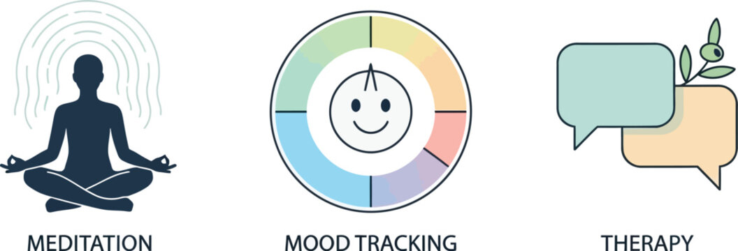 Person meditating with mood tracking and therapy icons promote wellness.