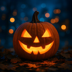 Fototapeta premium Glowing Jack-O-Lantern with Scary Smile on Dark Blue Bokeh Background; Spooky Halloween Pumpkin with Autumn Leaves, Eerie Night Scene for Holiday Digital Art