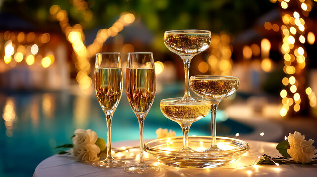 Elegant champagne glasses on a poolside table with warm lights