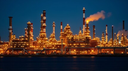 Fototapeta premium Illuminated Industrial Complex at Night with Glowing Lights.
