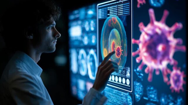 Scientist studies virus models on a large screen in a lab during a research session