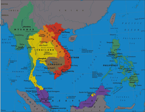 Vector political, physical, geographical
world map. Region southeast asia 
with countries: thailand, laos, myanmar, vietnam,
cambodia, malaysia, philippines, borneo, sumatra.