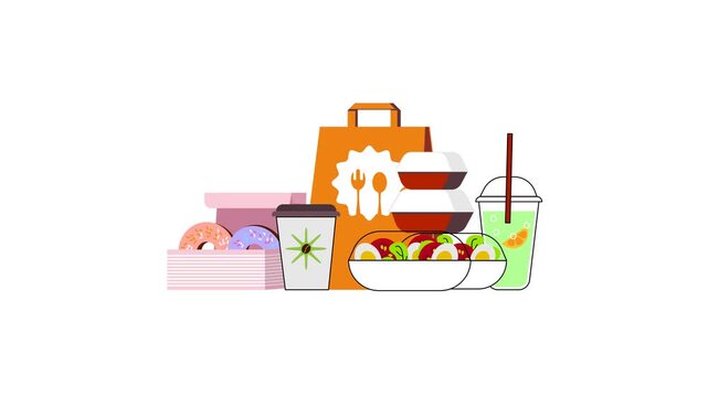 Flat vector 4k animation illustrating a fast delivery concept. A shopping bag drops into the scene followed by various food items falling into place, food delivery apps, promotions & explainer videos.