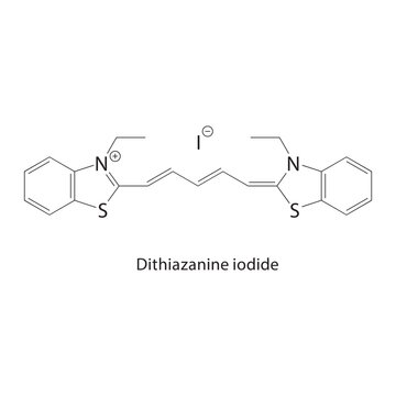 Dithiazanine iodide skeletal structure. dye compound schematic illustration. Simple diagram, chemical formula.
