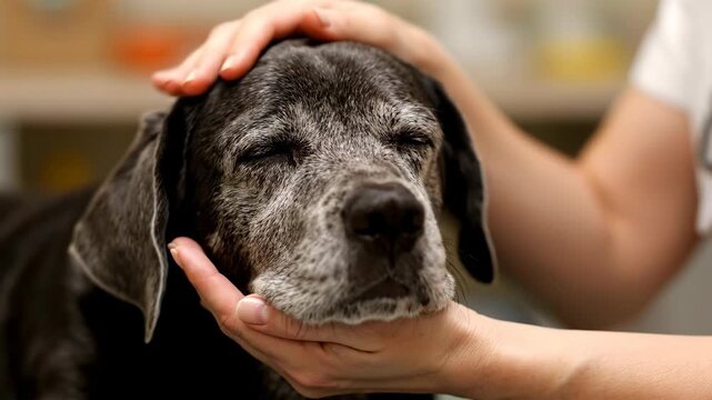 Woman petting an old dog in a veterinary clinic. Owner showing care and affection to an aging pet. Comforting companion animal during a calm health check visit.