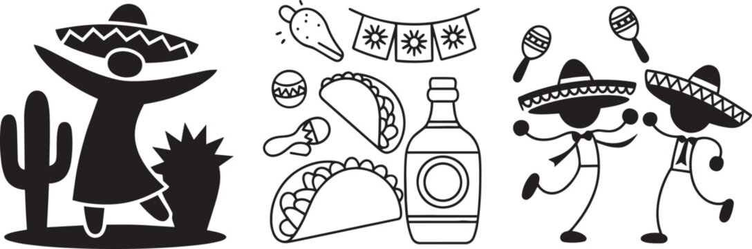 Cinco de Mayo celebration with dancing figures in sombreros, tacos, maracas and cactus