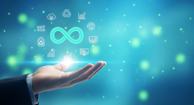Business technology innovation and infinite possibilities concept with a hand holding a glowing infinity symbol
