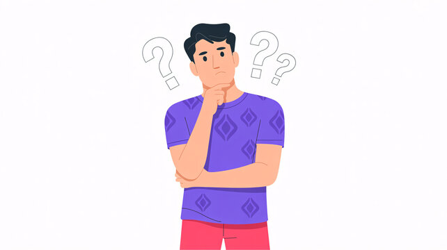 A cartoon man with a puzzled expression and question marks above his head looks thoughtful and unsure.
