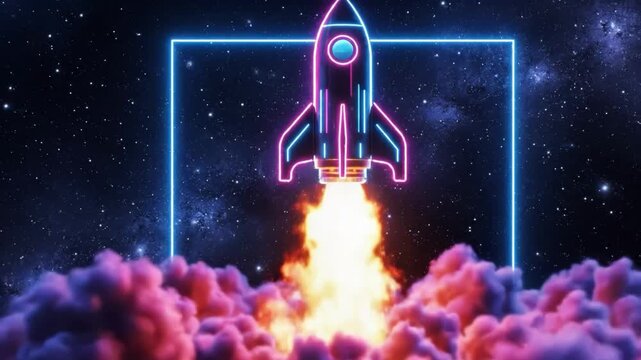 Neon rocket launching through space with glowing clouds
