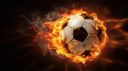 Fototapeta premium Soccer ball on fire with bright burning flames. High speed sports action concept with energetic blaze. Dynamic power and intensity of professional football game match competition background.