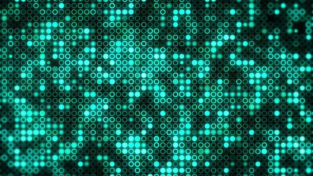 Digital texture showing cyan glowing rings and circles forming a technological grid on a dark background. Loop animation. Cyan glowing ring grid digital interface.