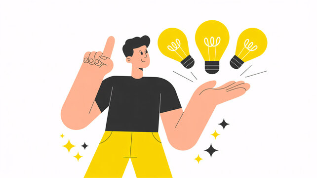 A cartoon man with a creative idea and three light bulbs floating above his hands