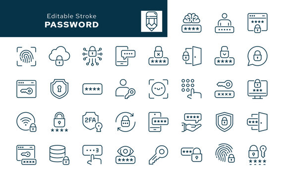 Password. Set of outline icons. Code, protection, security, lock, key, blocking, shield, fingerprint, face id and more. Line icon in linear style. Vector collection	