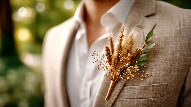 Elegant man wearing beige suit with stylish floral boutonniere outdoors