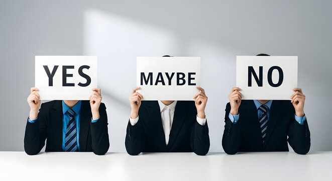 Three business people holding signs with yes maybe no