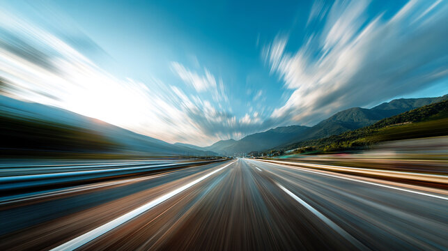 POV highway road with strong motion blur effect creating sense of speed and technological progress. Abstract transport background for business, innovation and fast movement concepts.