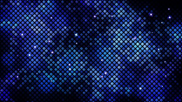 Diagonal grid of blue diamond shaped tiles with bright star sparkles and light flares on a dark background. Blue diamond mosaic loop animation.