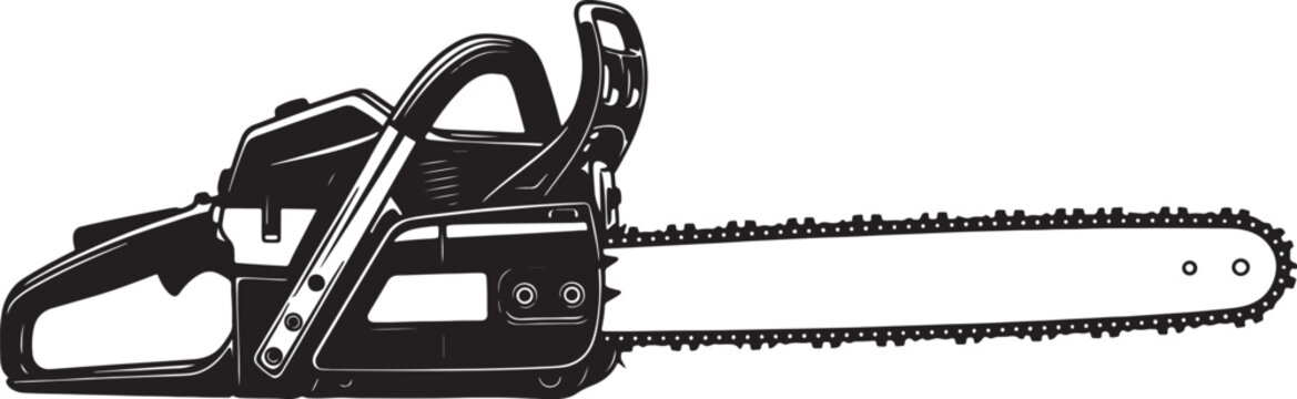 Black and white silhouette of a gasoline-powered chainsaw with a long guide bar and sharp chain also transparent background