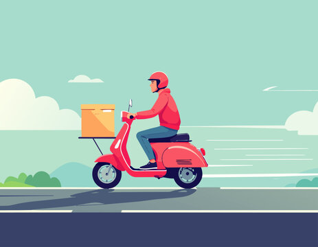  Mensajero conduciendo scooter con caja en carretera en estilo plano.

