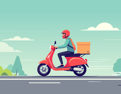 Mensajero en scooter entregando paquete en estilo plano, ilustraci&oacute;n vectorial.
