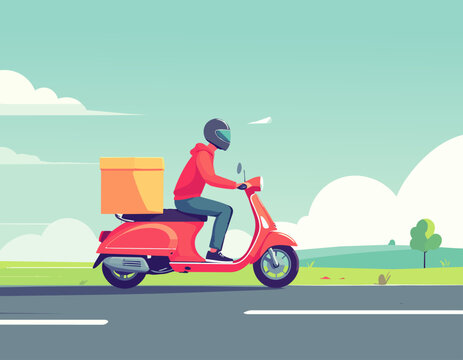  Persona conduciendo scooter en carretera en estilo plano, ilustraci&oacute;n vectorial.
