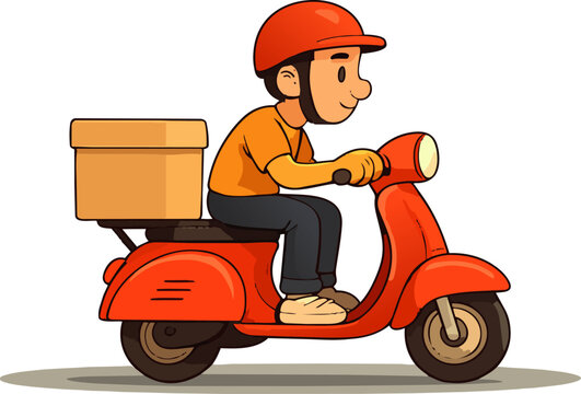  Mensajero en scooter con paquete en estilo plano, ilustraci&oacute;n vectorial.
