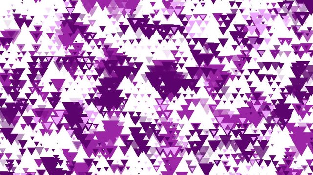 Abstract composition of various sized purple and lilac triangles scattered across a white background in a layered pattern. Loop animation. Chaotic purple triangle pattern.